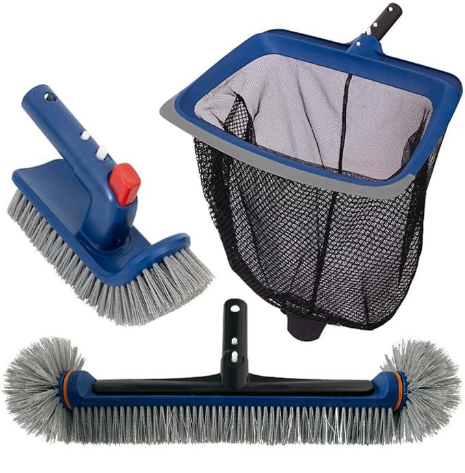 Photo 1 of Deluxe Swimming Pool Cleaning Kit Including Pool Skimmer Net with Rubber Edge, 17.5" Pool Brush Head & Rotatable Pool Scrub Brush, Heavy Duty Pool Cleaning Kit Inground & Above Ground Pool (No Pole)