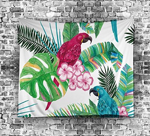 Izielad Nature Parrot Pink Flowers Tropical Green Leaves Wall Hanging Tapestries