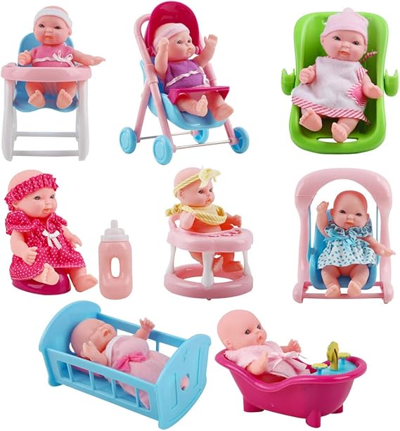 deAO Set of 8 Mini 5" Baby Dolls with Accessories Including Stroller