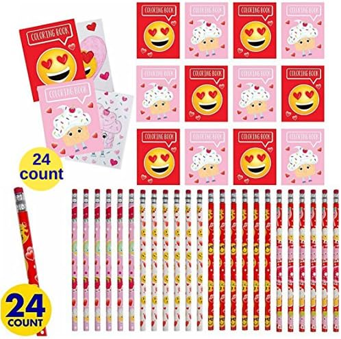 Valentines Emoticon Coloring Pages and Pencils, set of 48 pieces Party Favors