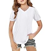Arshiner Girls Puff Short Sleeve Shirts Pleated Tunic Top Casual V Neck Summer Kids Blouse Tee