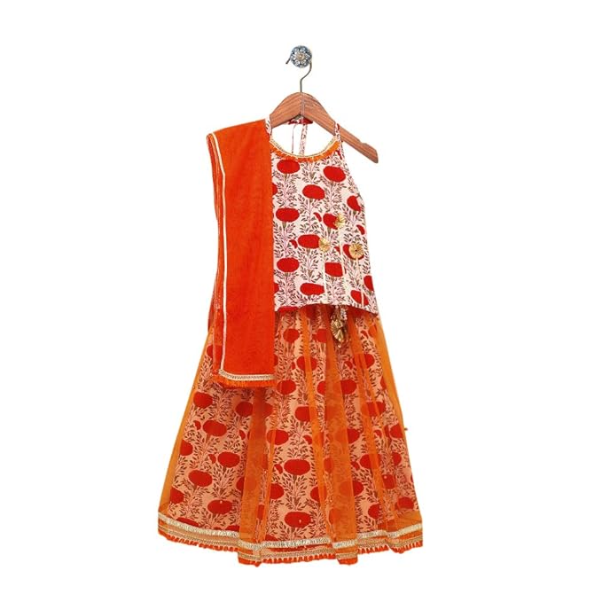 Peaches By Hopscotch Baby Girls Cotton Floral Print Sleeveless Blouse With Lehenga Set in Orange Color