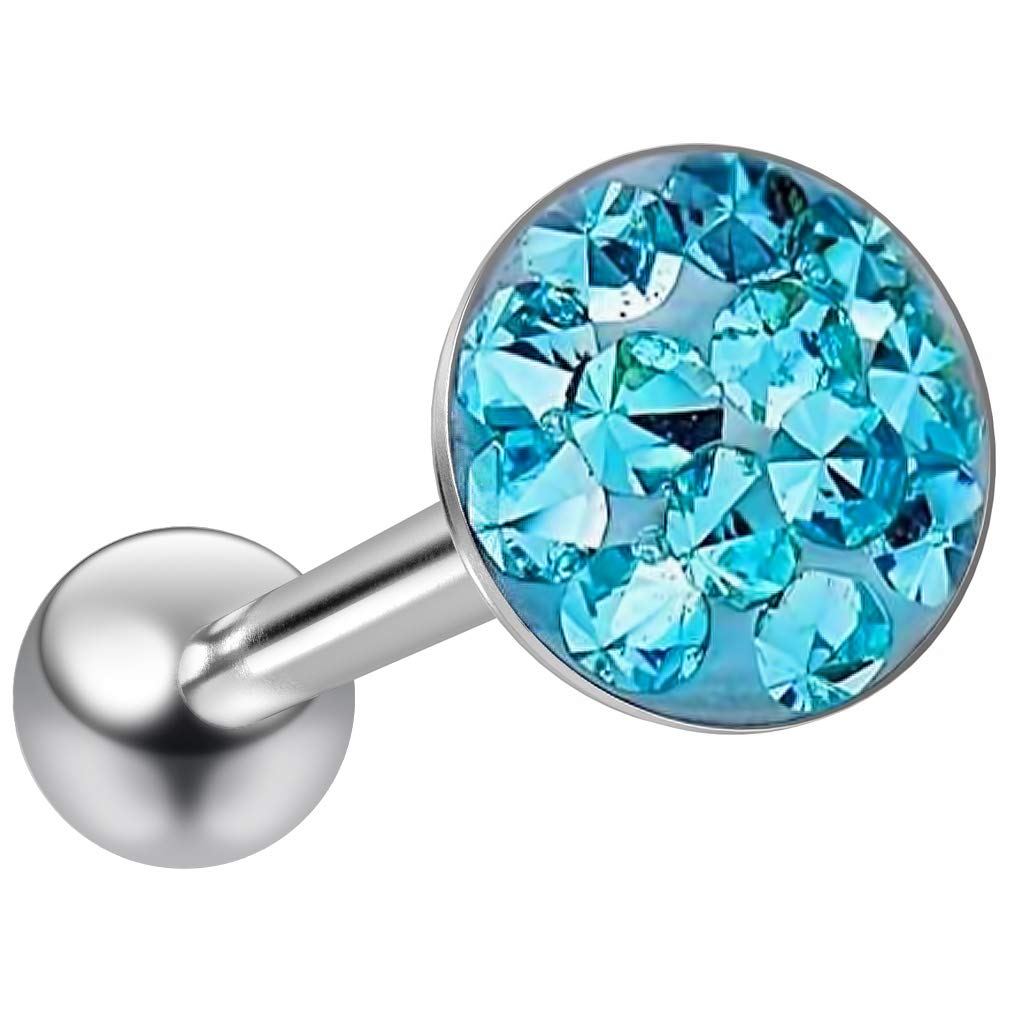 14g 1.6mm Tongue Bar Ring Flat Head Glittery Ball Sparkling Crystal Piercing Jewellery For Women Sparkly Blue
