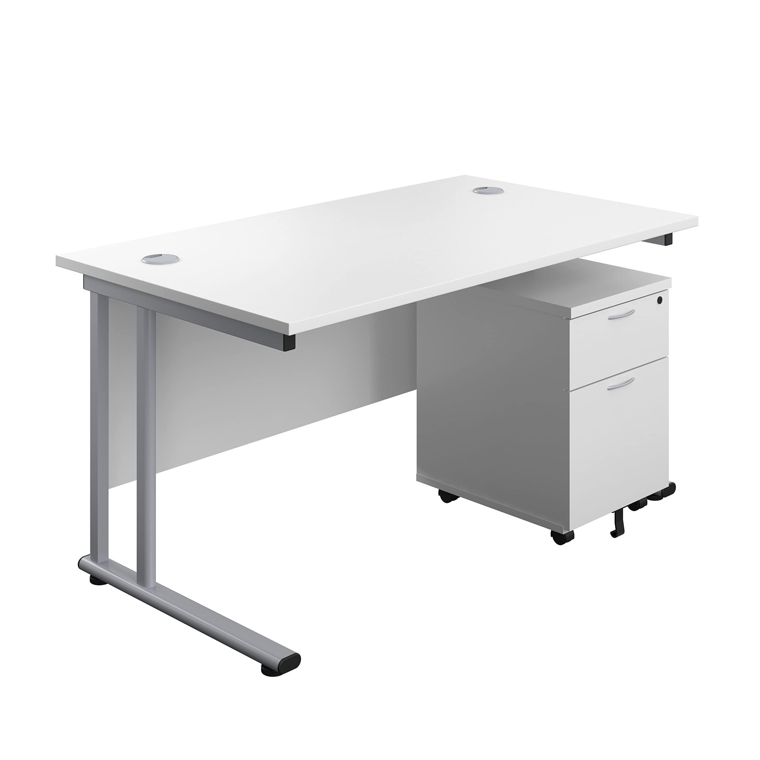Office Hippo Professional Cantilever Office Desk With 2 Drawer Mobile Pedestal, Wood, White, Silver Frame, 140 x 80 x 73 cm
