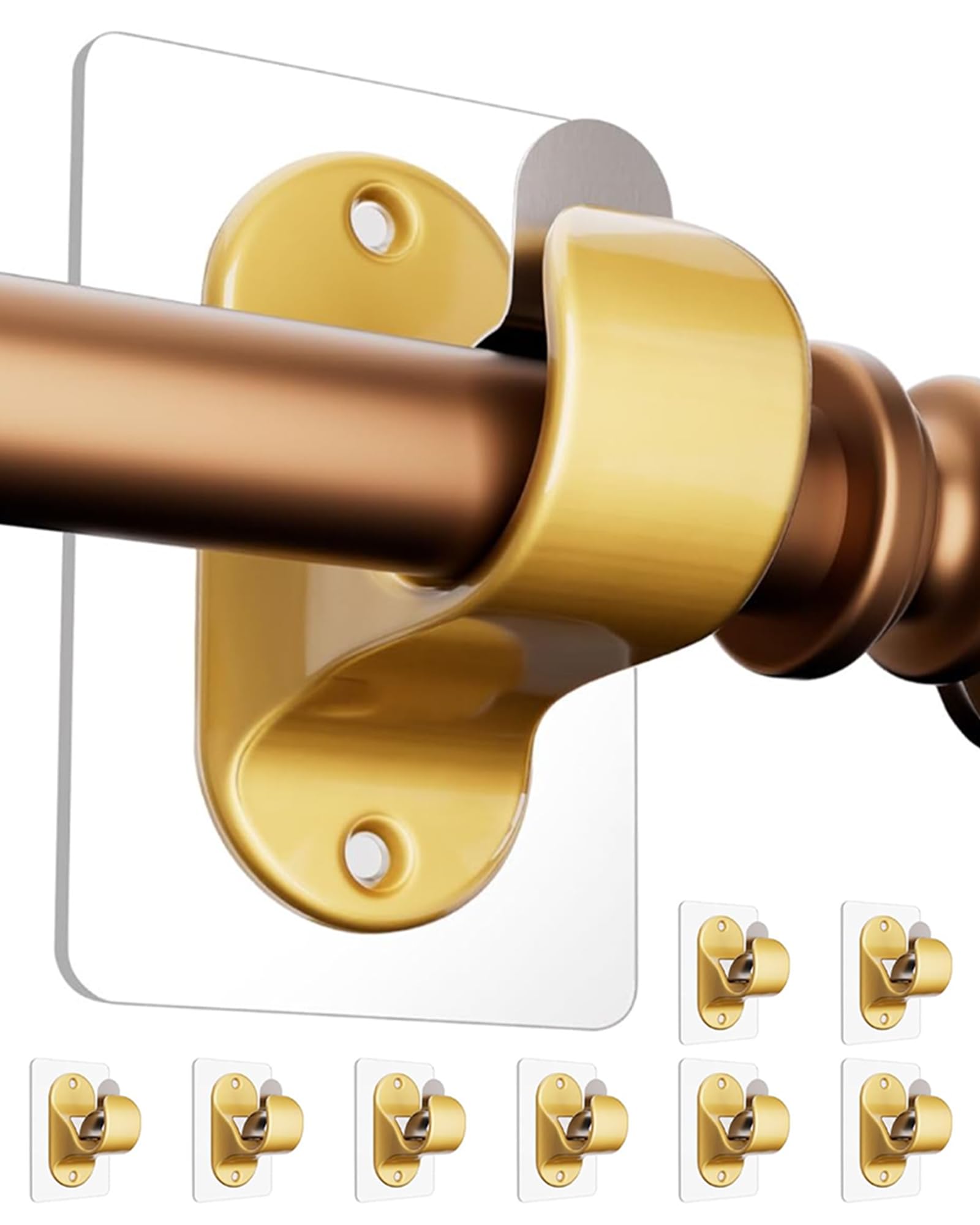 Photo 1 of MUAKIOY No Drilling Curtain Rod Brackets, 8-Pack Gold Self Adhesive Curtain Holders, Adjustable Stick on Wall Curtain Rod Hooks Fit for 0.5'' to 1.3'' Dia Curtain Rods, Hold Weight Up to 20lbs