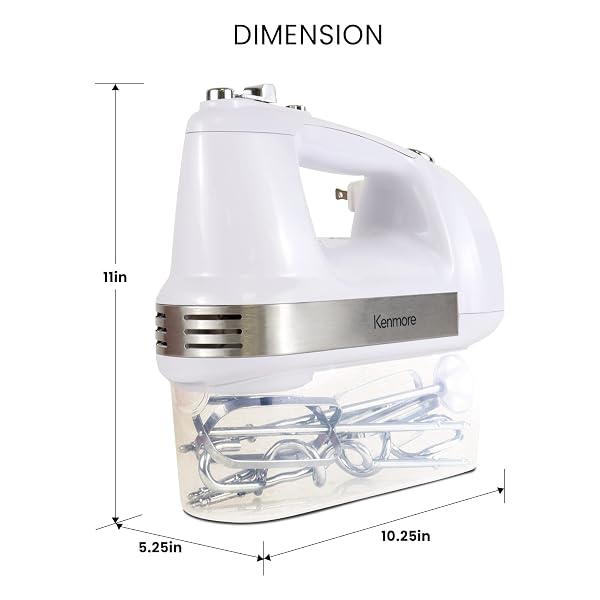 KENMORE 5-SPEED HAND MIXER/BLENDER, 250 WATTS, WITH BEATERS, DOUGH HOOKS, LIQUID BLENDING ROD, AUTOMATIC CORD RETRACT, BURST CONTROL, AND CLIP-ON ACCESSORY STORAGE