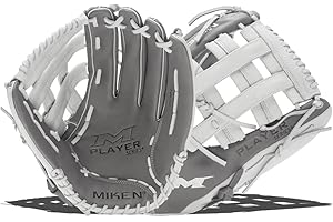 Miken Player Series+ Infield | Outfield | Utility Slow Pitch Softball Glove | 13” - 15” Size | Grey | White | H-Web | Right Hand Thrower | Left Hand Thrower