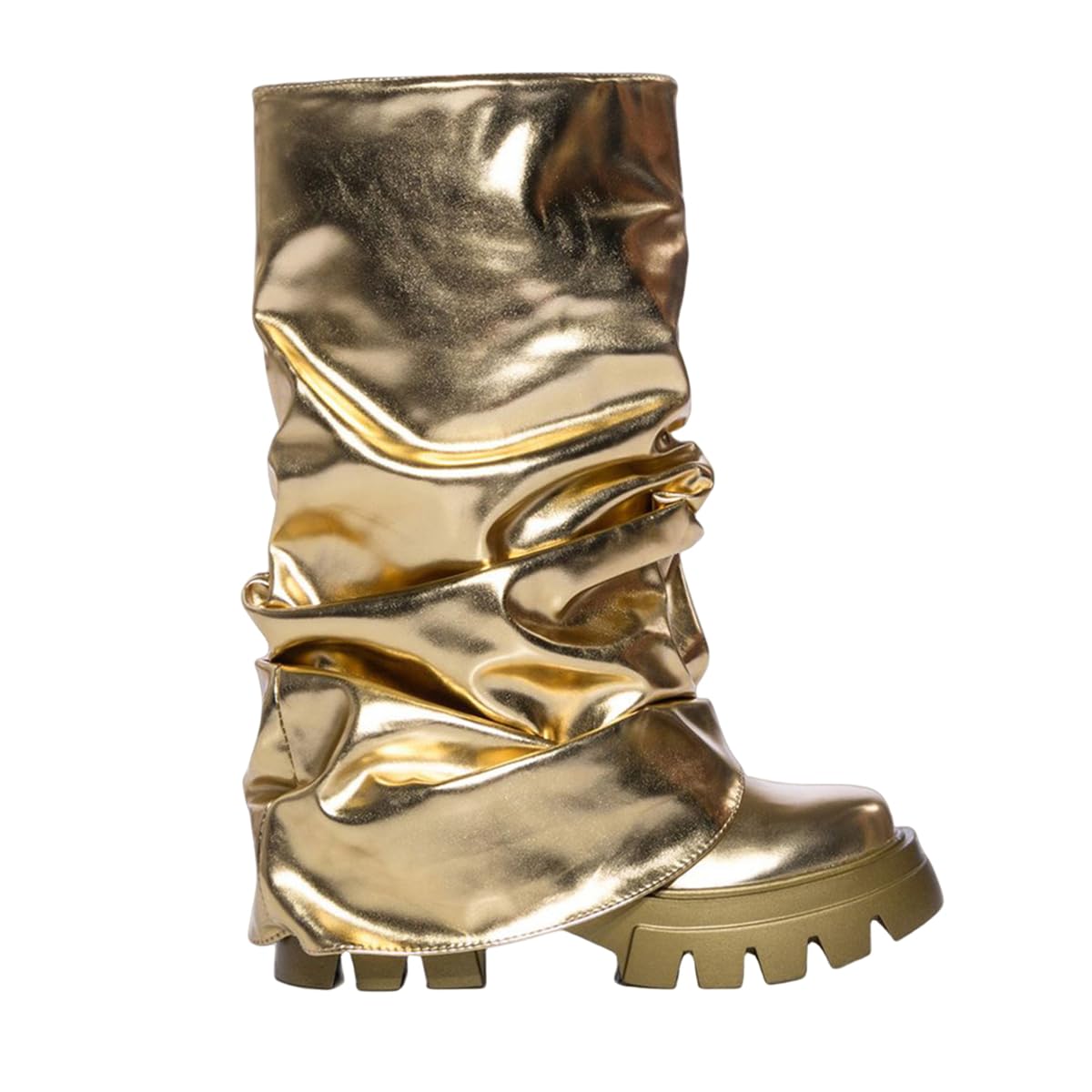 Photo 1 of DETOGNI Women's Metallic Mid Calf Pull-On Fit Boots Scrunched Foldover Chunky Platform Sole Rounded Toe Booties