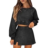 Womens Sweatsuits 2 Piece Set Mineral Wash Cropped Hoodies Lined Split Skirt Sets Matching Lounge Golf Tennis Outfits