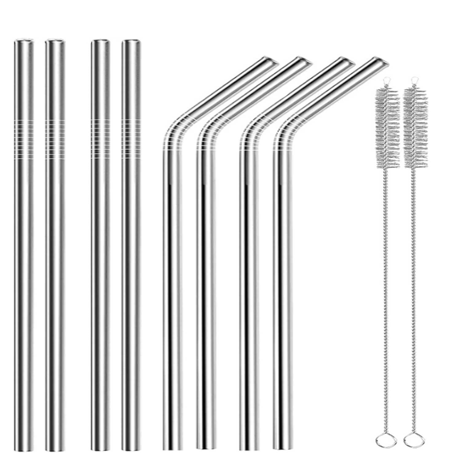 10 Pcs Stainless Steel Straws, Reusable Metal Drinking Straws with 2 Cleaning Brush for Smoothie, Milkshake, Cocktail and Hot Drinks