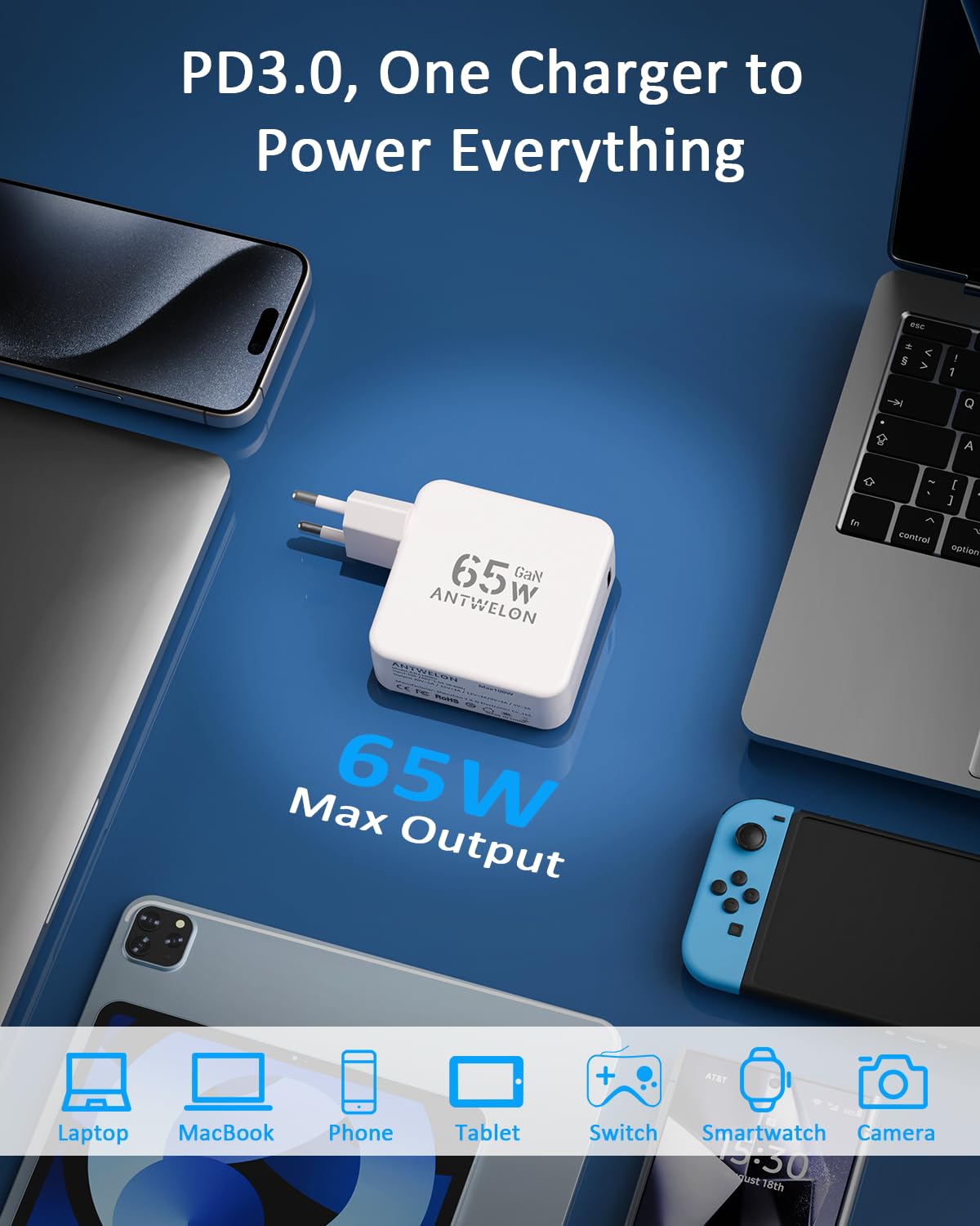 ANTWELON 65W USB C Ladegerät Netzteil mit Schnellladeleistung GaN USB-C für MacBook Pro/Air, iPhone 17/16/Pro Max, iPad Pro, Galaxy s26/s25/s24,Tablet,Laptop, Mit 2M Typ C Kabel (weiß) 3