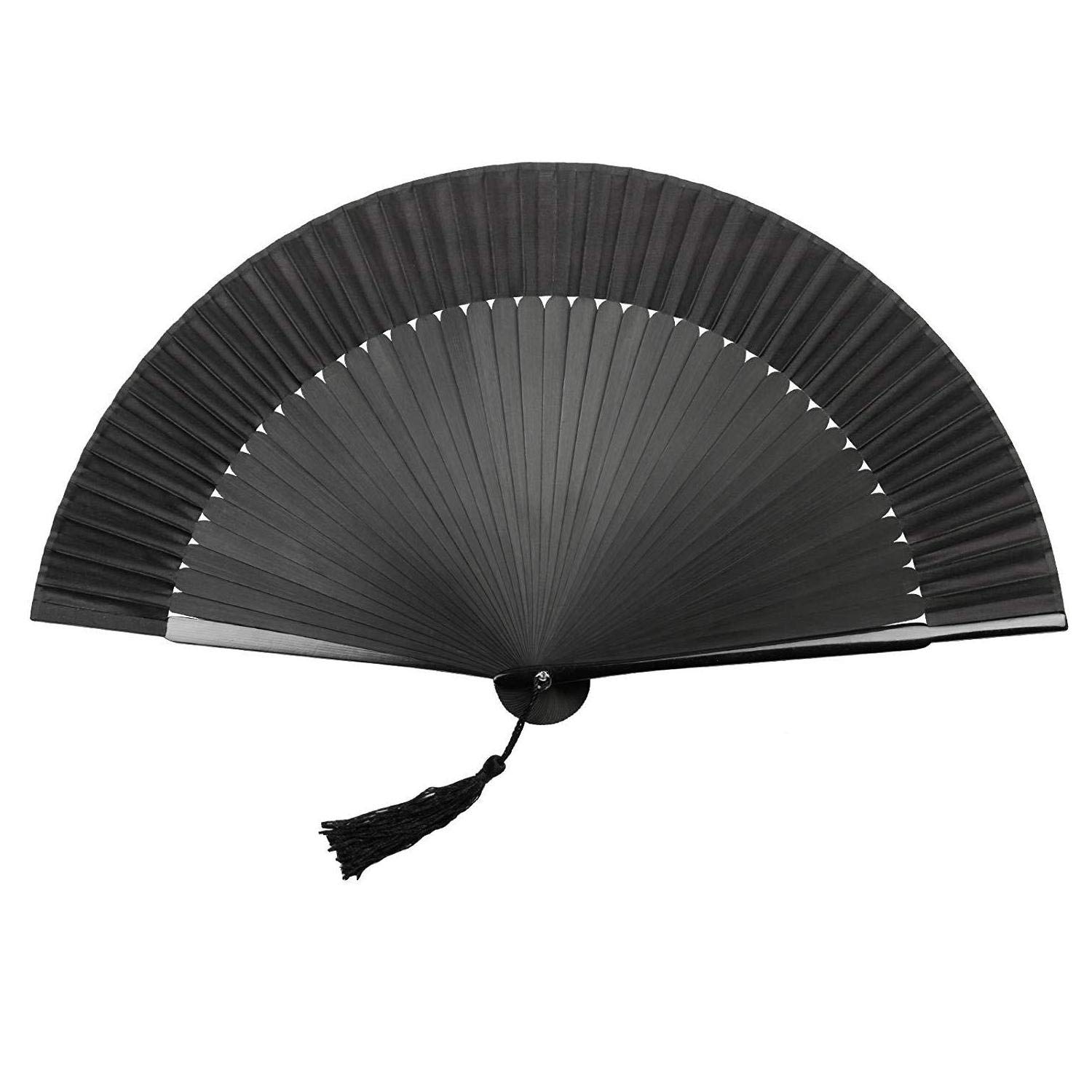 1SourceTek Silk Hand Held Folding Fans 14 inches (38cm) Women Hand Held Folding Fans With a Fabric Sleeve Protection - Chinese Retro Style (Black)
