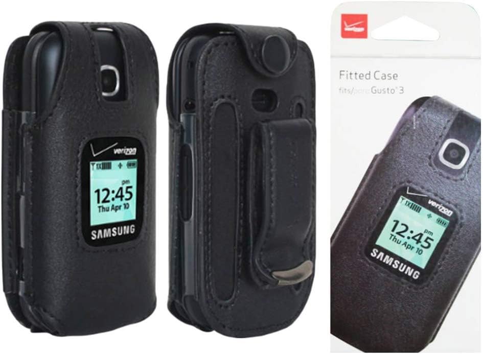 Gusto 3 Case, Verizon Leather Fitted Phone Case with Swivel Rotating Belt Clip Holster for Samsung Gusto 3 - Black