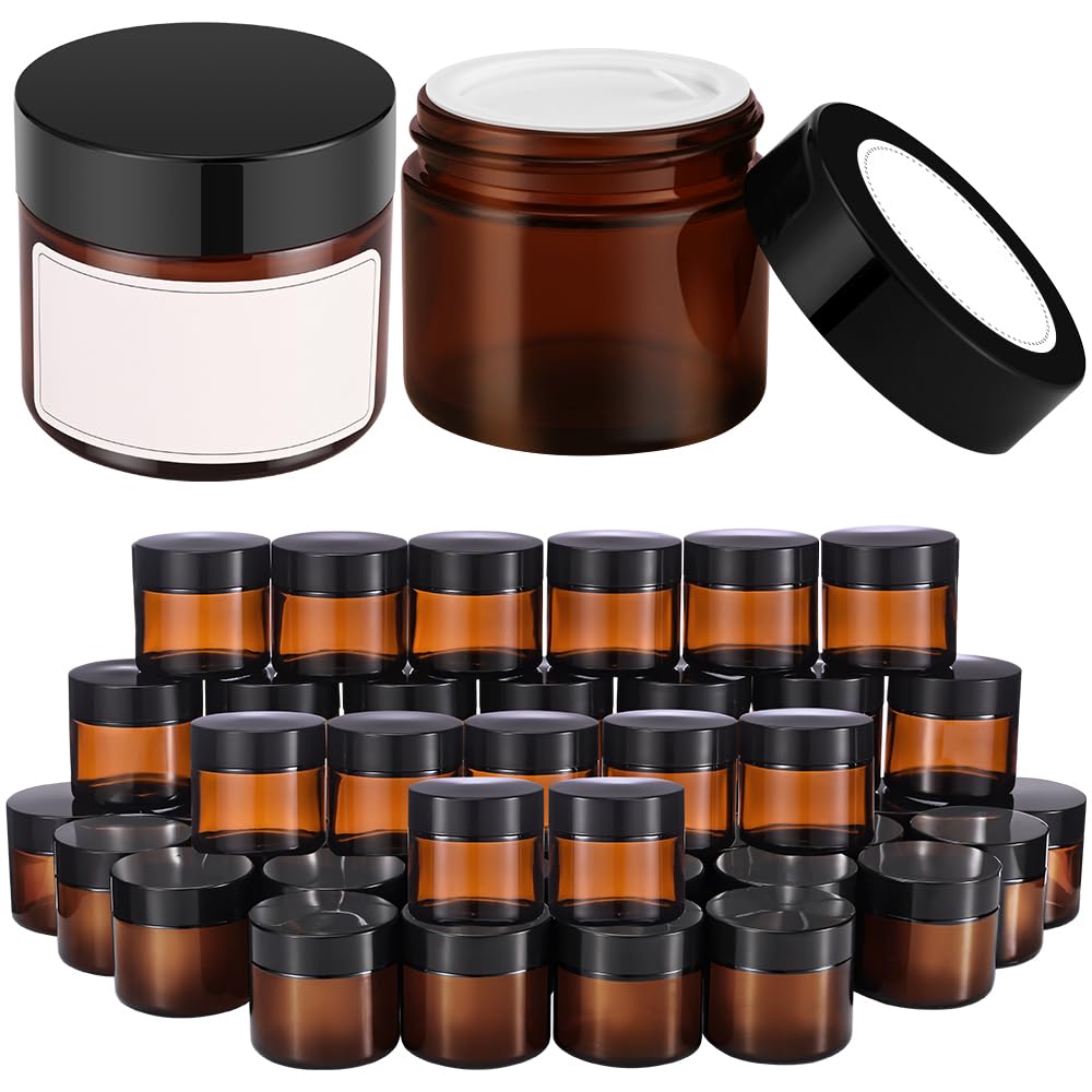 Bumobum 2 oz Small Glass Jars with Lids, Bumobum 48 pack Round Amber Glass Candle Jars with Black Lids, White Labels & Inner Liners, Empty Cosmetic Containers for Cream, Lotion, Slime