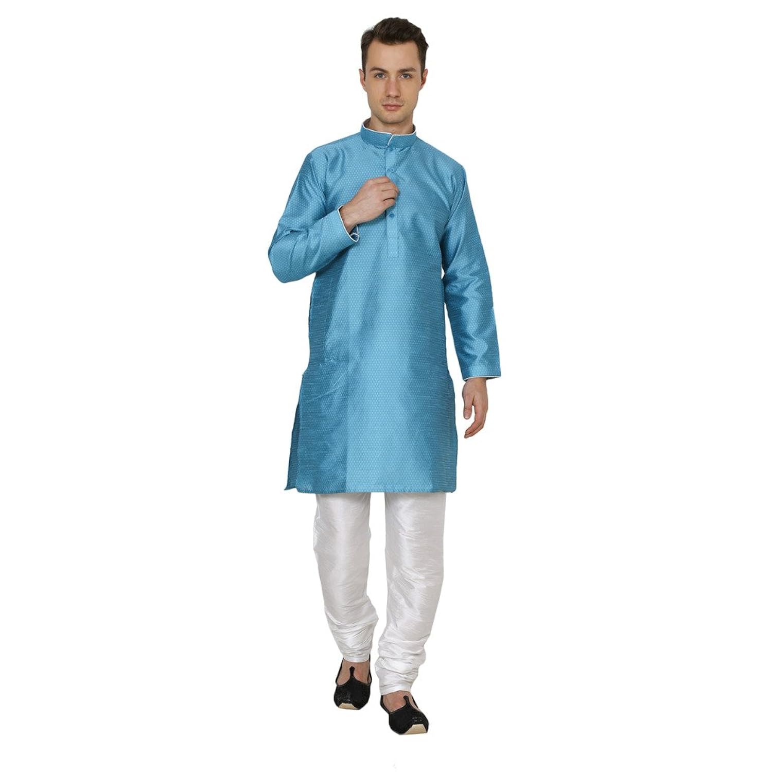 royal kurta men's self jacquard silk contrast piping kurta churidar