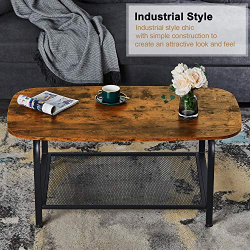 KICODE Coffee Table, Round Coffee Table with Storage Shelf, Industrial Cocktail Table for Living Room, Wood Look Accent Furniture, Metal Frame, Rustic Brown - Thumbnail 2