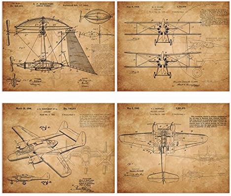 YOSEE Canvas Wall Art Vintage airplane patent Canvas Art 8X10 Inches Airplane Sketchup Wrapped Canvas Nursery Plane Wall Art Classic Plane Art Set Of 4
