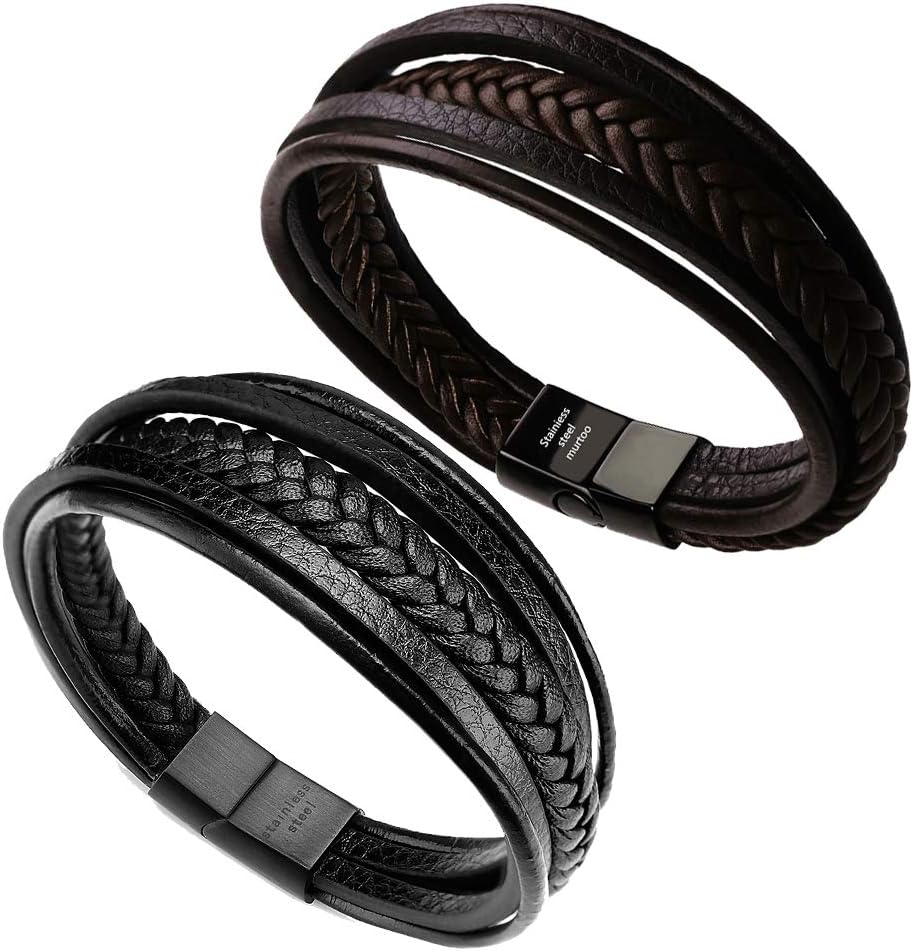 murtoo Mens Leather Bracelet with Magnetic Clasp Cowhide Multi-Layer Braided Leather Mens Bracelet