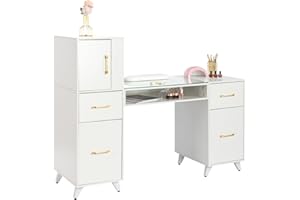TOVRON Manicure Table for Nail Tech 55 inch Nail Desk with Drawers/Cabinet/Wrist Pad Acetone Resistant Nail Art Station for Salon Spa Beauty Bar Technician,White