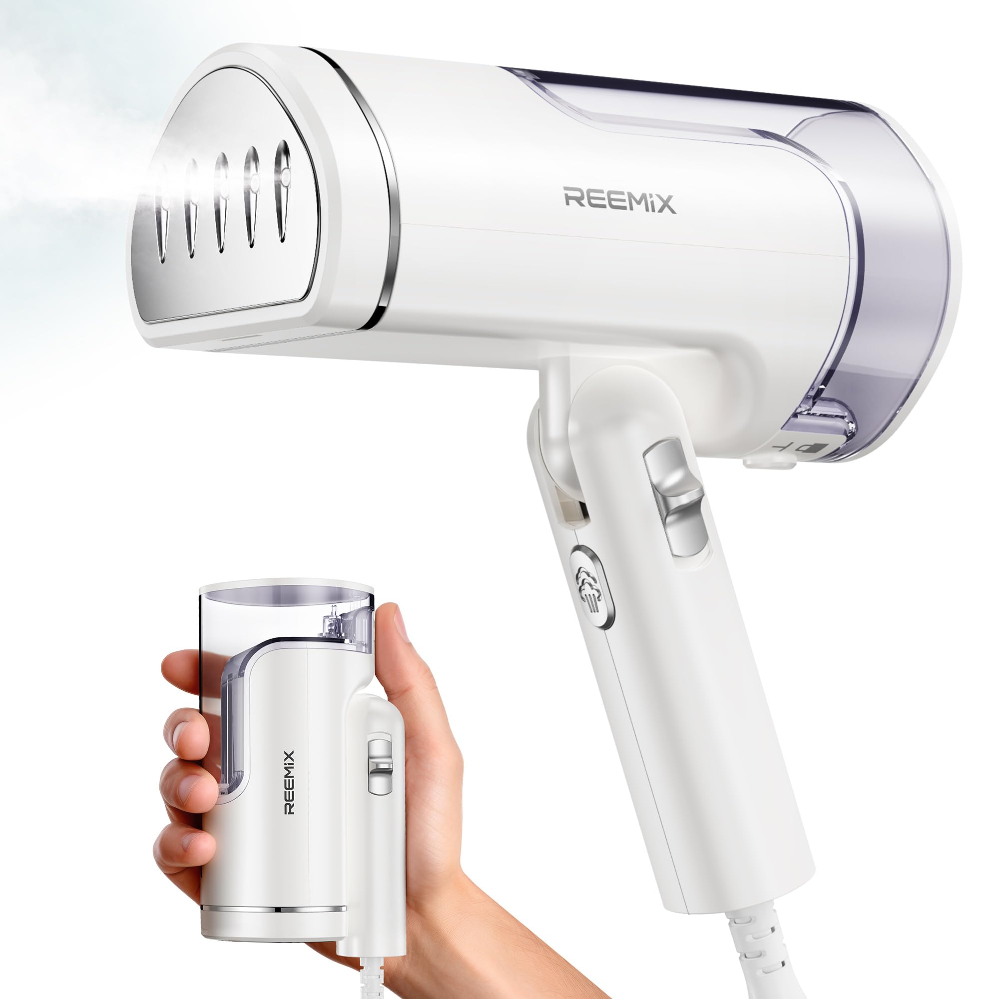 Reemix Portable Garment Steamer, Foldable Handheld 1300W, Travel Size Fast Heat-up, Fabric Steamer for Home & Travel, 120V Only (White)
