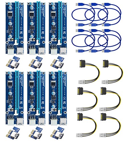 VICTONY 6-Pack 6 Pin PCI-E 1x to 16x Powered Riser Adapter Card w/ 60cm USB 3.0 Extension Cable & 6 Pin PCI-E to SATA Power Cable - GPU Riser Adapter - Ethereum Mining ETH+MintCell 6 Cable Ties(6 Pin)