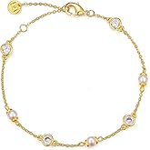 MINDDHA 14K Gold/White Gold Plated Cubic Zirconia Simulated Diamond Pearl Station Infinity Chain Bracelets for Women | Adjustable Chain Bracelet | 6-8 Inch