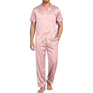 Vssjavun Men Satin Silk Pajamas Set Classic 2 Piece Pjs Set with Long Pants | Smooth breathable adjustable waist notched coll