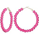 Beaded Hoop Earrings Bohemian Elegant Colorful Large Round Circle Chic Geometric Matte Acrylic Beads Minimalist Dangle Drop Earrings for Women Birthday Wedding Christmas Party Trendy Jewelry Gifts