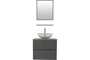 eclife 24" Bathroom Vanity Sink Combo Wall Mounted Floating Cabinet Set W/Drawers Clear Round Tempered Glass Vessel Sink W/Faucet, Pop Up Drain & Mirror (A16 E02CC)