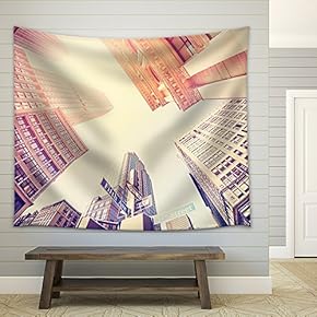 Vintage Filtered Fisheye Picture of Manhattan, Looking Up at Sky, New York City, USA. - Fabric Wall Tapestry Home Decor - 51x60 inches