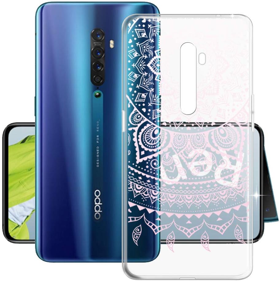 Oppo Reno 2 Case, HHUAN Shock-Absorption Flexible Soft Transparent Powder Mandala TPU Shell Silicone Gel Resistant Protective Case Bumper Cover for Oppo Reno 2 (6.55")