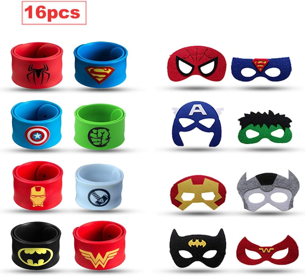 Sienon Superhero Slap Bracelets 8 Pack & Superhero Masks 8 Pack for Kids Party Favors-Superhero Prizes for Boys &Girls - Superhero Theme Party/Superhero Birthday Party/Christmas Party Favors (16 pcs)