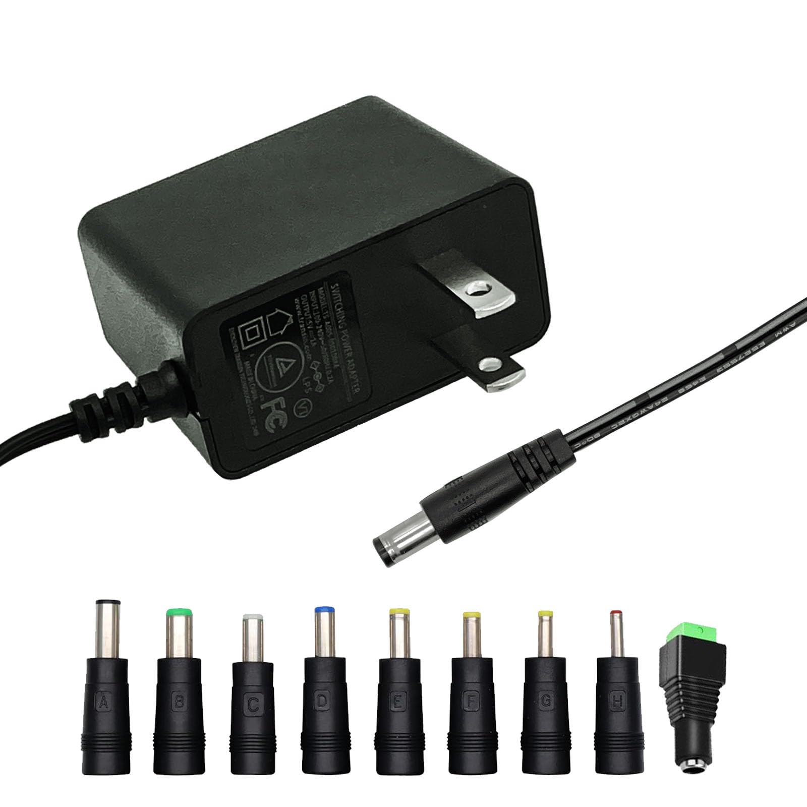 Photo 1 of 5V 1A Wall Charger Power Adapter with Plug 5.5 x 2.1mm, 5W Universal AC/DC Adapter 100-240V AC to DC 5V Power Cord Converter with 9 Interchangeable Jacks Plug (1 Pack)