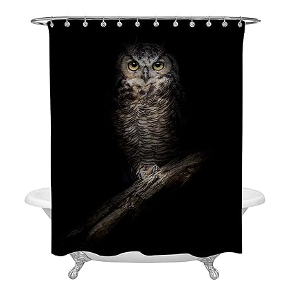 Mitovilla Wise Owl In The Night Shower Curtain Set With Rings Forest Wild Animal On Black Background Horror Scene Bathroom Accessories Bedroom