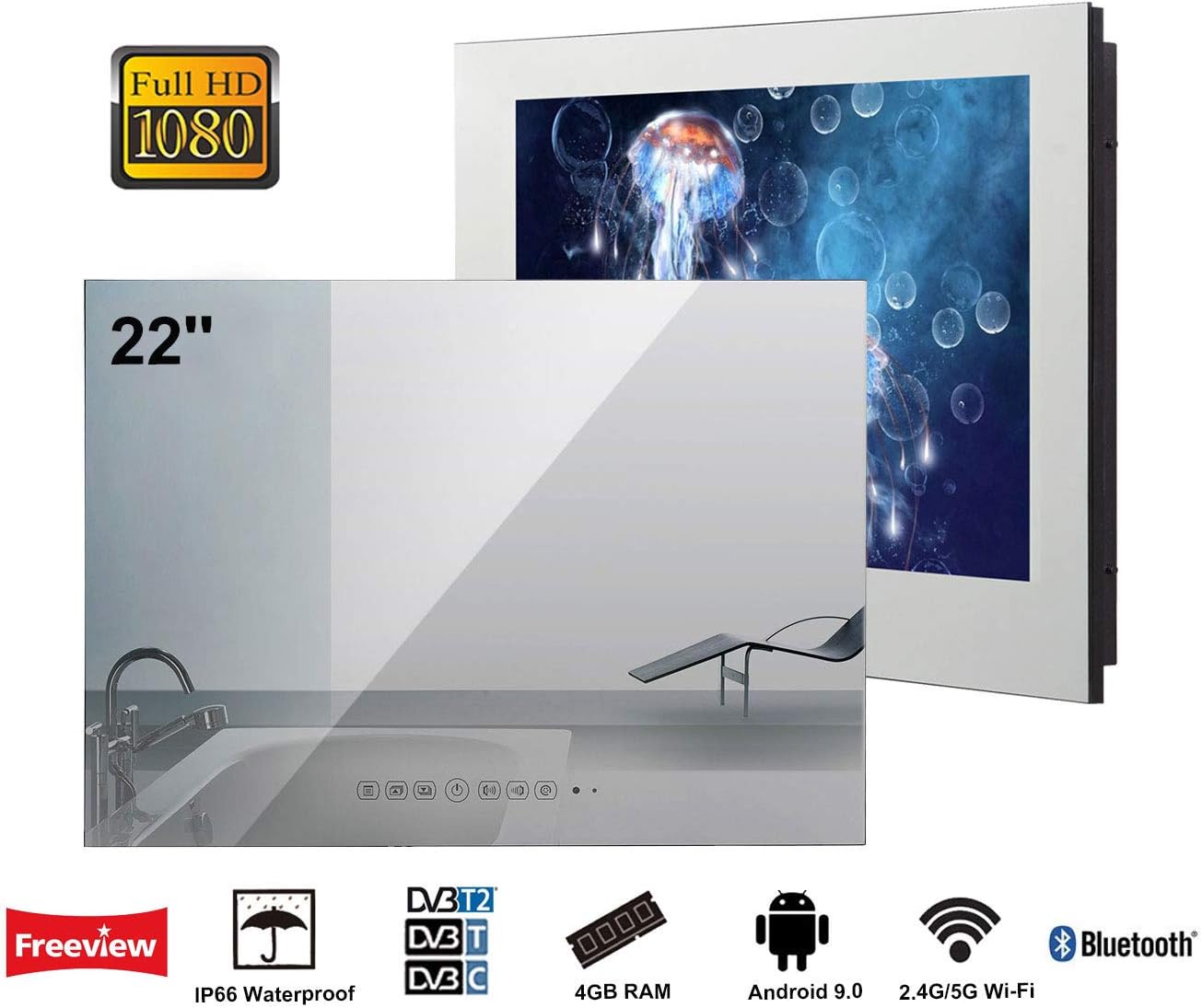 Soulaca Bathroom TV, Smart Mirror Waterproof TV 22inch with Wi-Fi, Integrated Speakers(FBA Android 9.0)