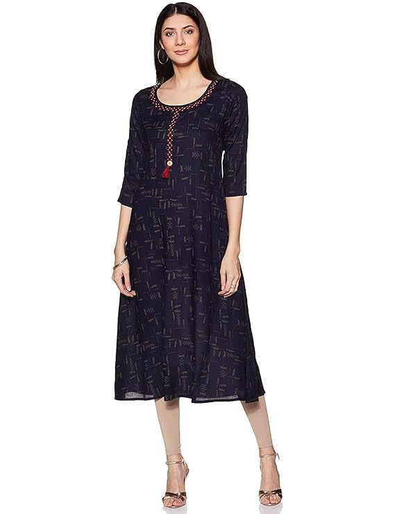Women's Rayon Printed A-Line Kurta (Blue & Brown)