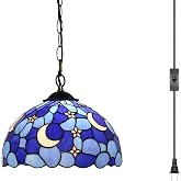 TFNTCYG Tiffany Style Pendant Light 12 Inch Moon Stained Glass Hanging Lamp | with Plug-in Cord and Switch Vintage Art Deco for Bedroom Living Room Bar