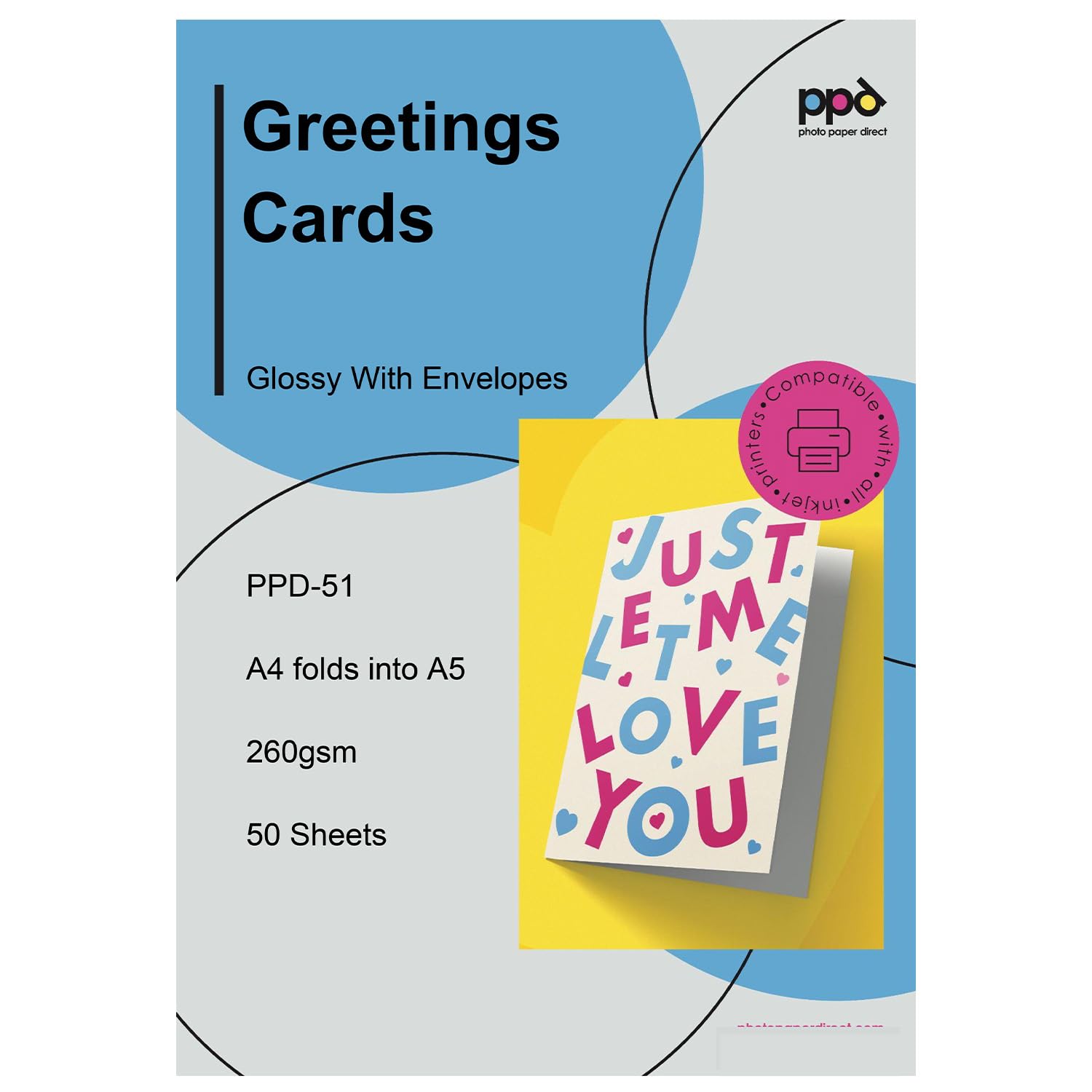 PPD 50 Inkjet Printable Greeting Cards A4 Pre-Scored to A5 260gsm Gloss Inc Envelopes PPD-51-ENV-50