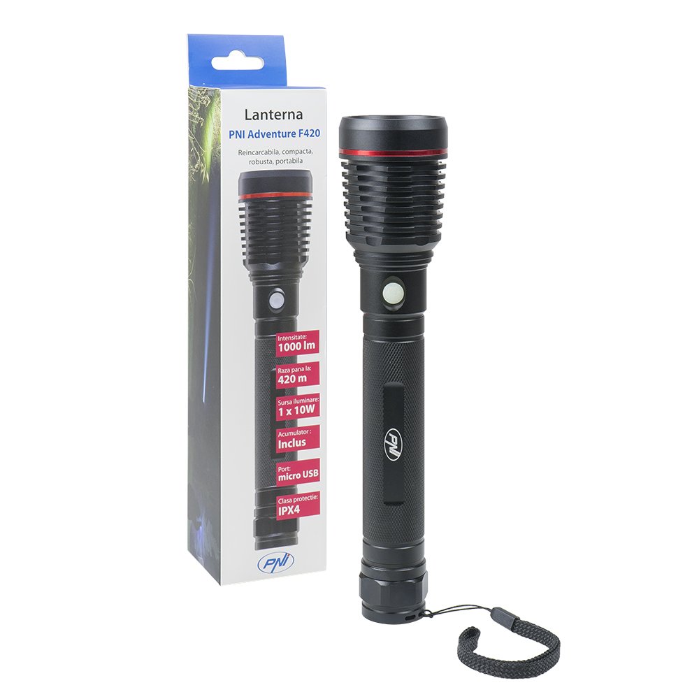 Flashlight PNI Adventure F420 made of aluminum with 1000 lumen up to 420 m LED, with battery and micro USB port, Black