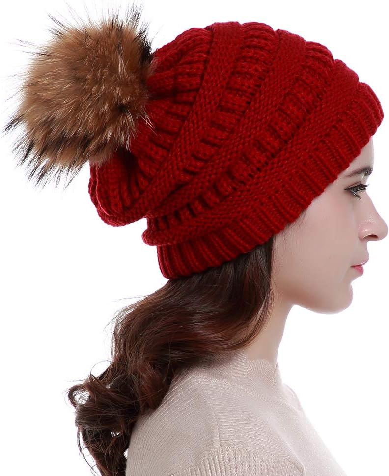 Lvaiz Womens Winter Knit Slouchy Beanie Hats Oversized Chunky Faux Fur Pom Pom Hat Bobble Hat Ski Cap for Girls Wine Red