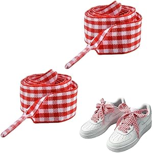 Uwonkeo Gingham Flat Shoe Laces Blue Green Red Yellow Pink Black Plaid Shoelaces Shoe Strings Straps for Sneakers