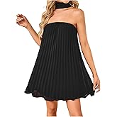 MakeMeChic Women's A Line Dress Flowy Swing Tube Dresses Pleated Tie Neck Short Summer Sundress