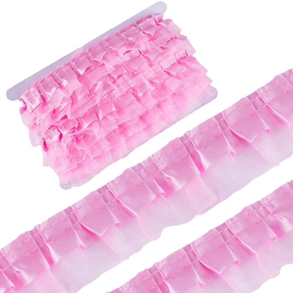 GORGECRAFT 20M 2 Layer Organza Lace Ribbon Pleated Satin Lace Edge Trim 40mm Wide Pink Ruffle Chiffon Edging Trimmings Tulle Fabric for Cloth Applique Embellishment DIY Sewing Crafts