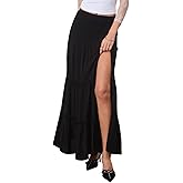 AGECODE Womens Slit Flowy Boho Maxi Skirt Summer Trendy Shirred High Waisted Ruffle Tiered Beach Long Skirts