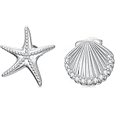 Diamond Beach Earrings for Women 925 Sterling Silver Starfish Seashell Stud Earring with Lab Grown Diamond Ocean-Themed Jewelry Gift for Birthday