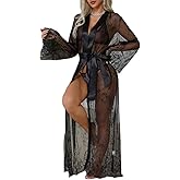 WADAYUYU Women Long Lace Robe Sheer Lingerie Kimono with Belt, Bridal Boudoir Wedding Honeymoon Sleepwear Dressing Gown