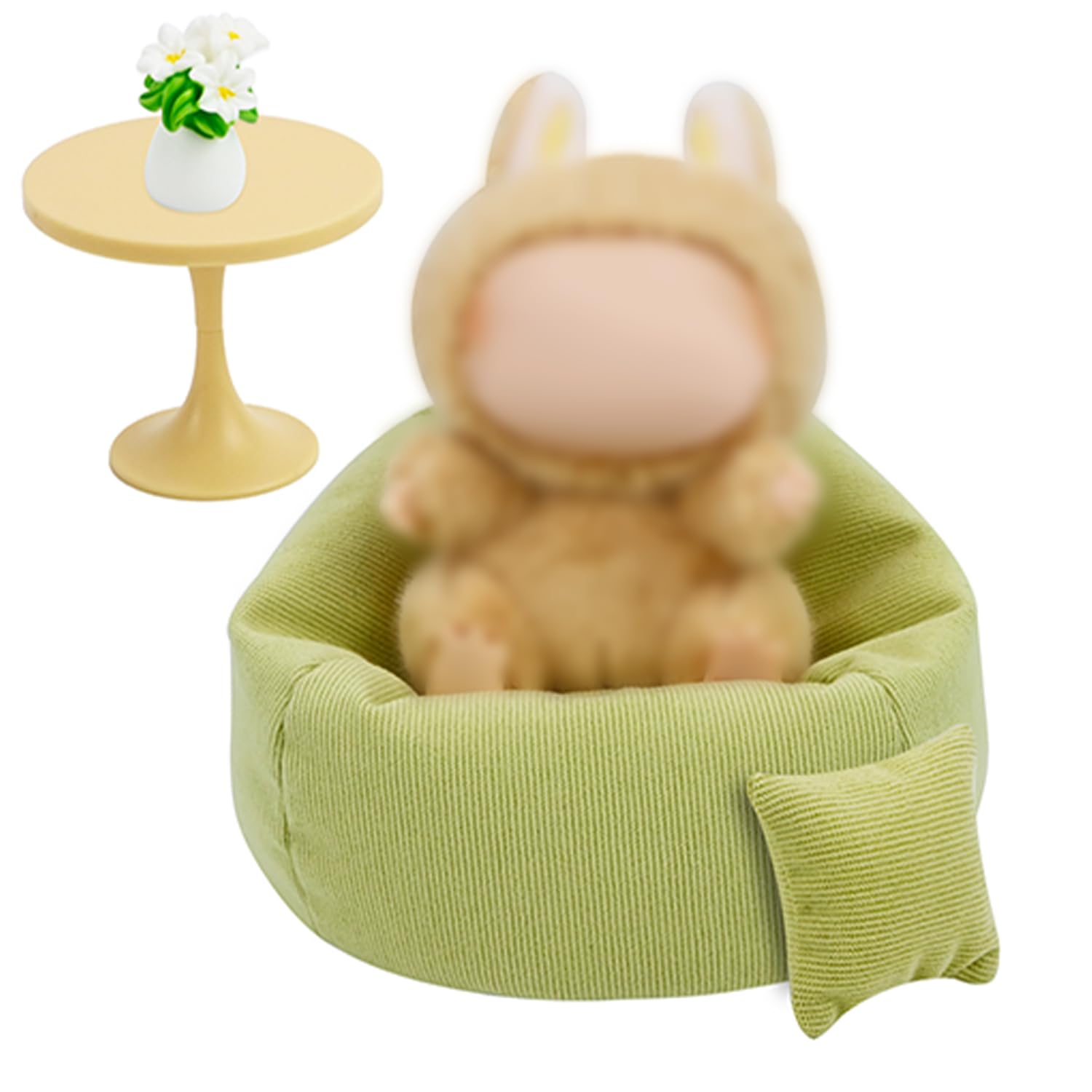 Mini Bean Bag Chair for 15-17cm Dolls Seat Soft Cute Sofa with Pillow Table, and Plant Doll Accessories Furniture Decoration for fans Collectors Green