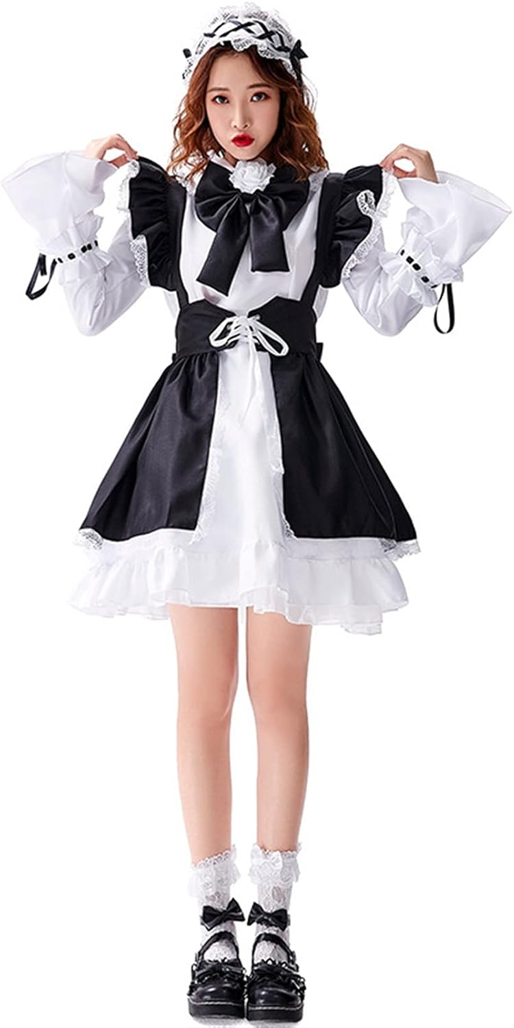 SMchwbc Maid Outfit Black White Gothic Long Sleeve Maid Dress Costumes