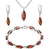 AMBEDORA Large Women's Jewellery Set Amber 324, Polished Sterling Silver, Baltic Amber in Cognac Colour, Silver Bracelet, Pendant on Chain and Earrings