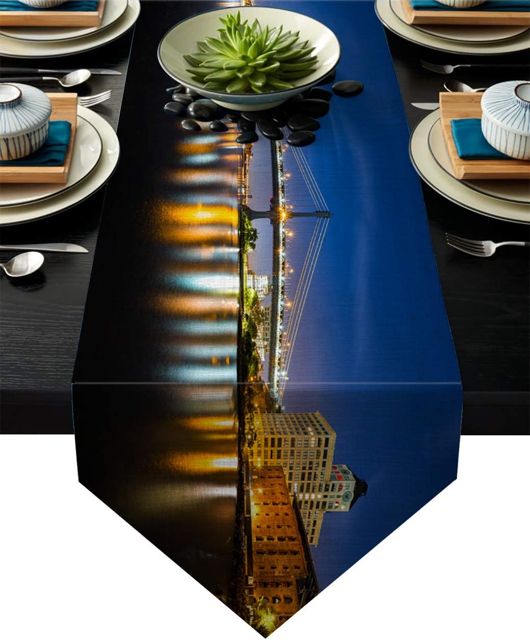 Fandim Fly Table Runner Brooklyn Bridge NYC Night View Skyline Modern City Table Runners for Catering Events, Dinner Parties, Wedding, Indoor and Outdoor Parties, 14 x 72 Inch